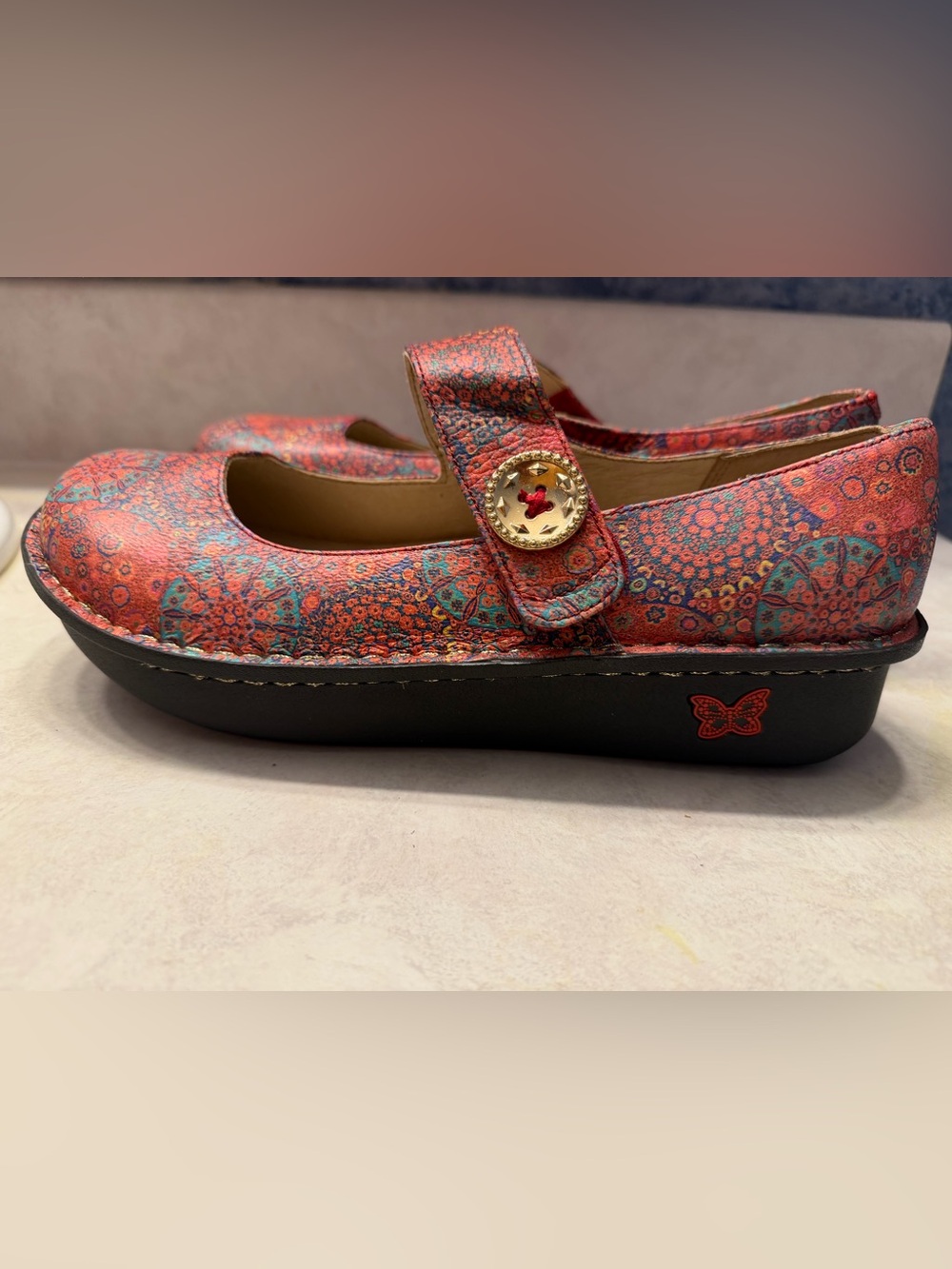 Alegria Coral and Teal Embroidered Leather Slip-On